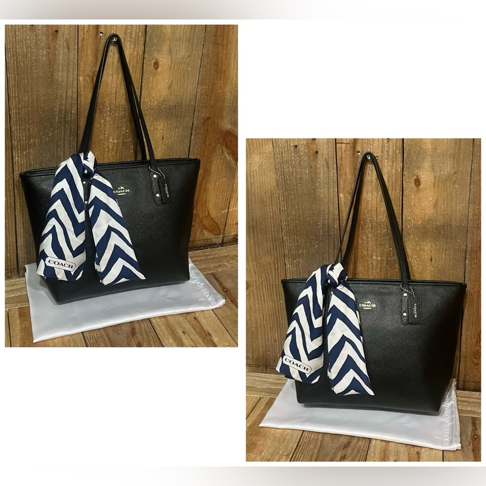 Coach. 3 Piece Set: City Zip Leather Tote with Free Logo Silk Scarf & Dust Bag. - Picture 10 of 16